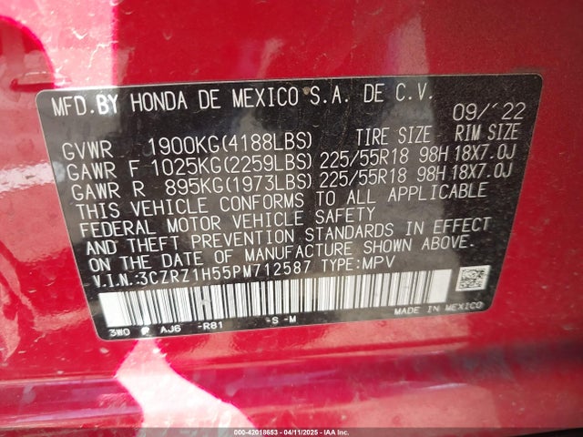 3CZRZ1H55PM712587 Honda Hr-v 2wd Sport
