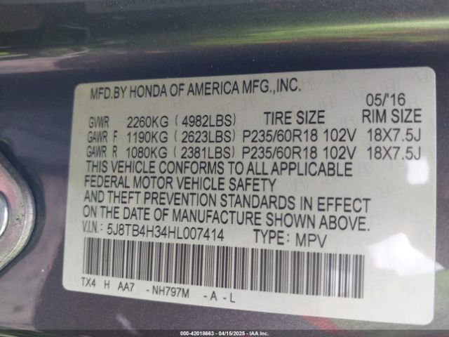 5J8TB4H34HL007414 Acura Rdx Acurawatch Plus Package