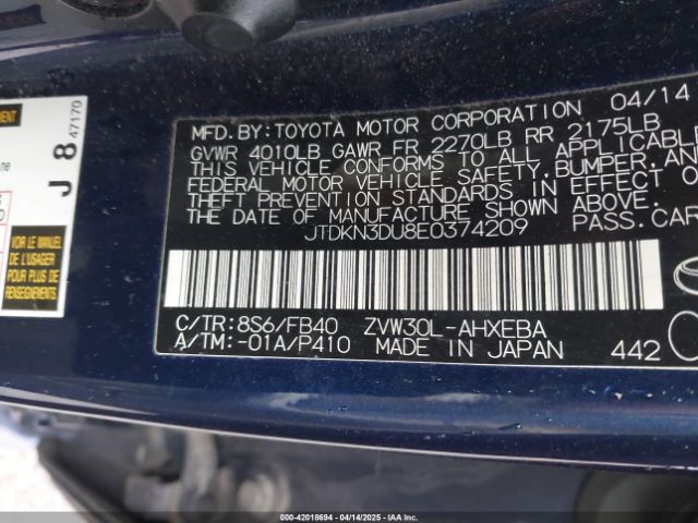 JTDKN3DU8E0374209 Toyota Prius Three