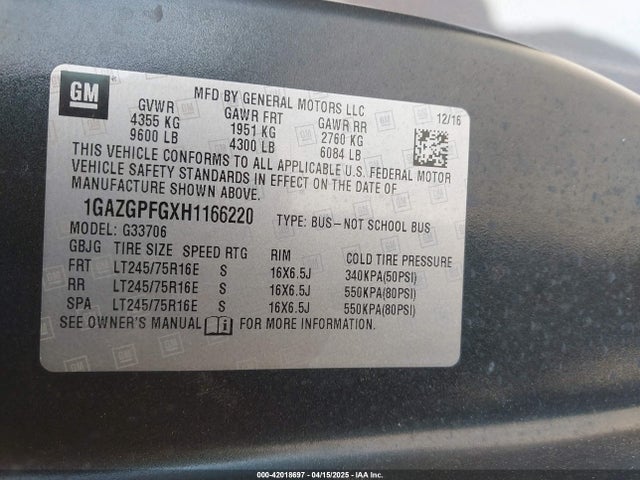 Chevrolet Express 3500 Lt 2017 1GAZGPFGXH1166220 Image 9