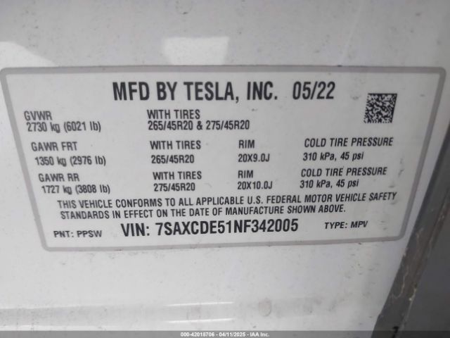7SAXCDE51NF342005 Tesla Model X Dual Motor All-wheel Drive/plaid Tri Motor All-wheel Drive