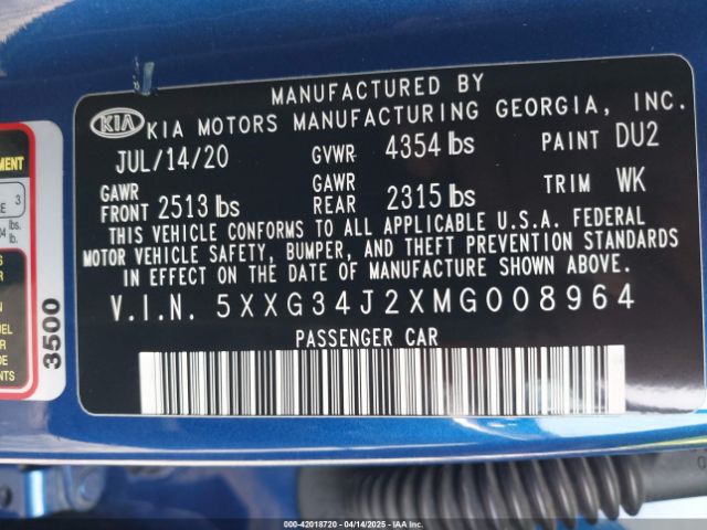5XXG34J2XMG008964 KIA K5 EX