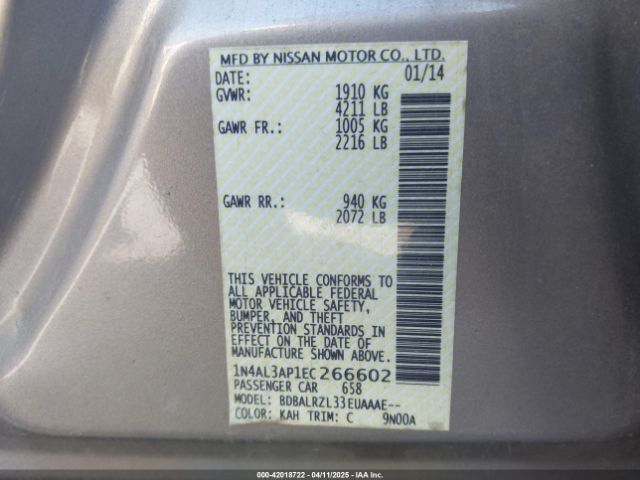1N4AL3AP1EC266602 Nissan Altima 2.5 S
