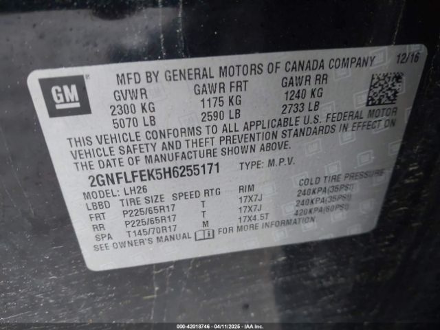 2GNFLFEK5H6255171 Chevrolet EQUINOX LT