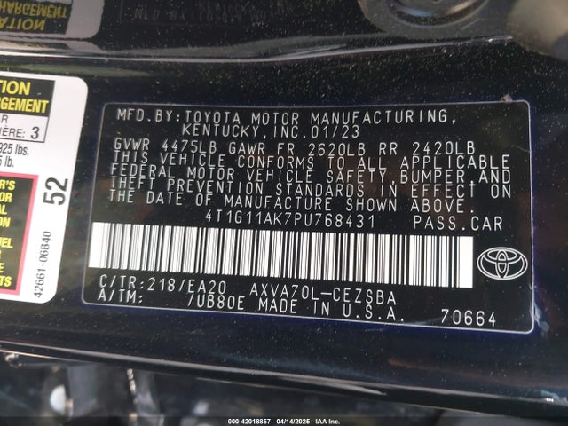 4T1G11AK7PU768431 Toyota CAMRY SE