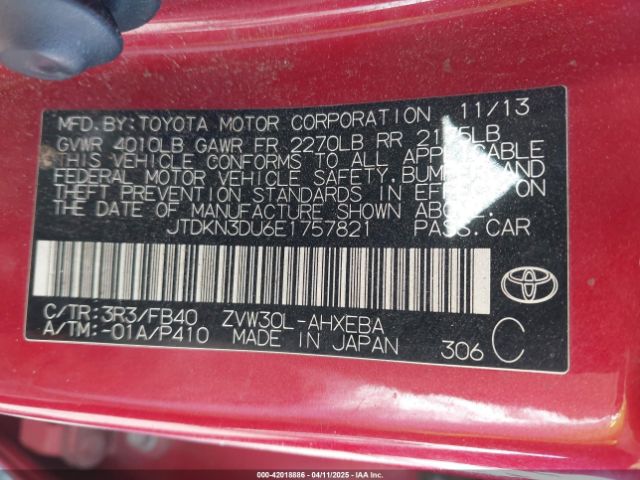 JTDKN3DU6E1757821 Toyota Prius Three
