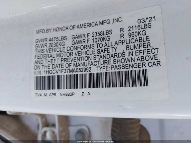 1HGCV1F37MA052992 Honda Accord Sport