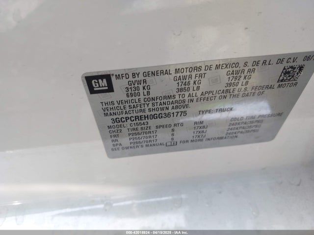 3GCPCREH0GG361775 Chevrolet Silverado 1500 1lt