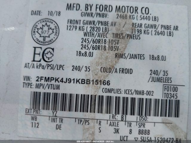 2FMPK4J91KBB15166 Ford EDGE SEL