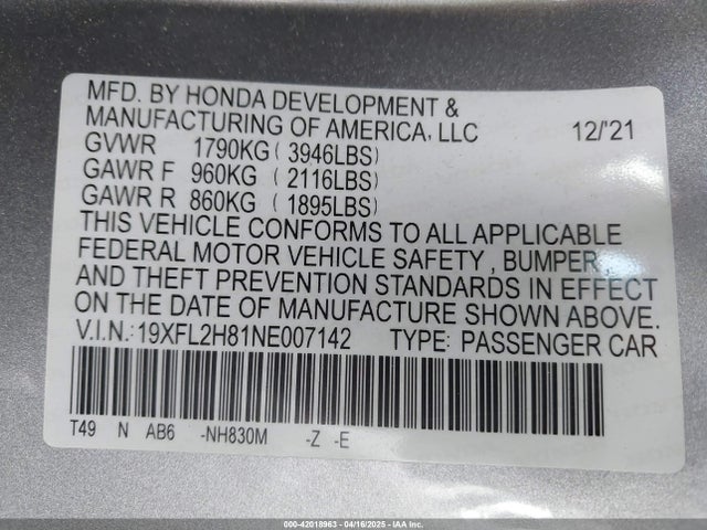 19XFL2H81NE007142 Honda Civic Sport