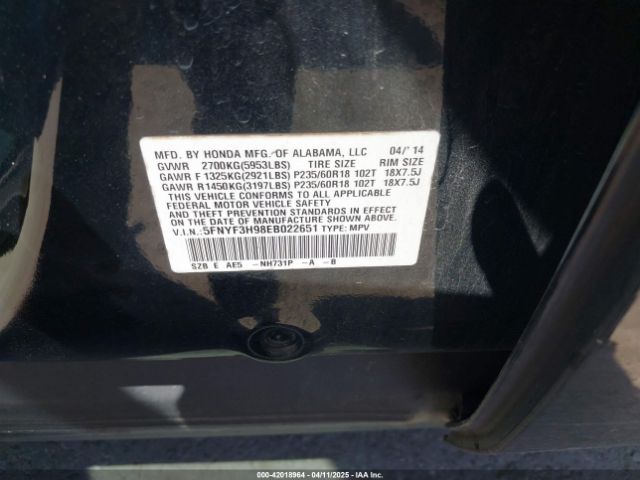5FNYF3H98EB022651 Honda Pilot Touring