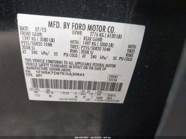 1FM5K7D87EGA30843 Ford EXPLORER XLT