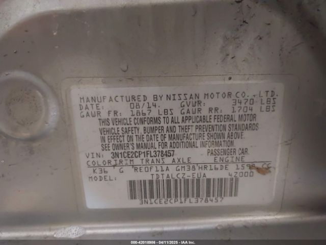 3N1CE2CP1FL378457 Nissan Versa Note S Plus