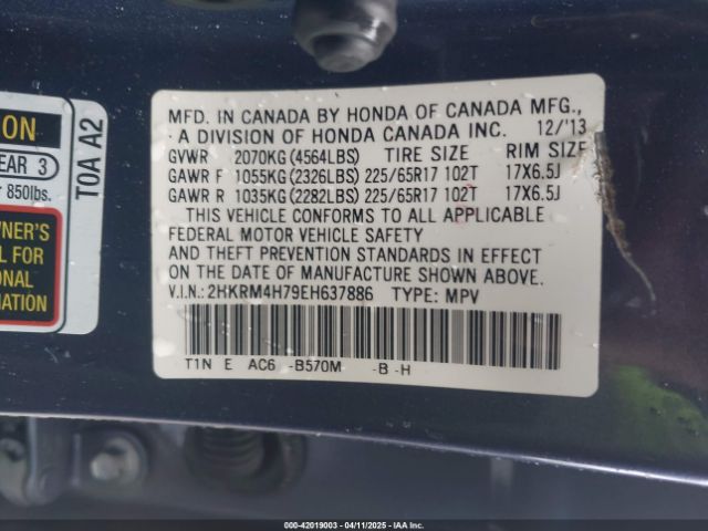 2HKRM4H79EH637886 Honda Cr-v Ex-l