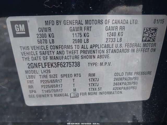 Продажа на аукционе авто 2015 Chevrolet Equinox 1lt, vin: 2GNFLFEK3F6275738, номер лота: 42019028