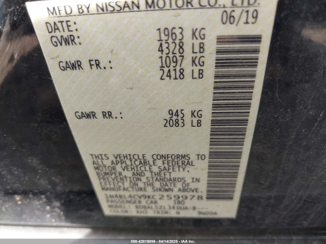 1N4BL4CV9KC259978 Nissan Altima 2.5 Sr