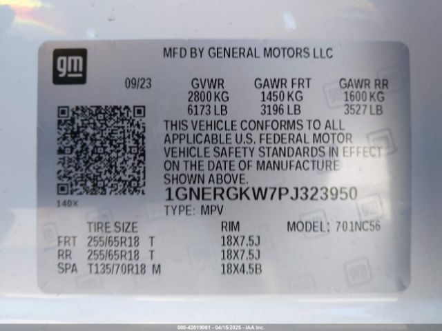 1GNERGKW7PJ323950 Chevrolet Traverse Fwd Lt Cloth