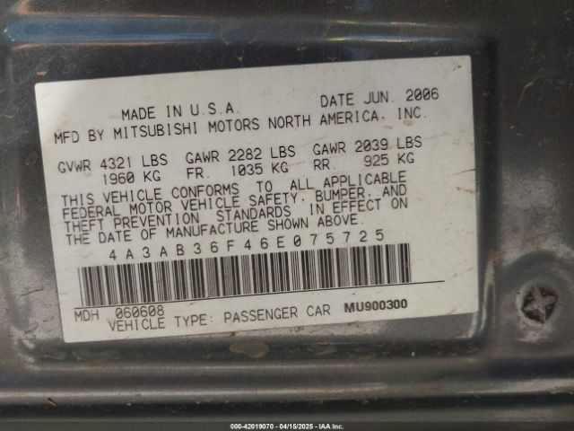 2006 MITSUBISHI GALANT 4A3AB36F46E075725 Photo 8