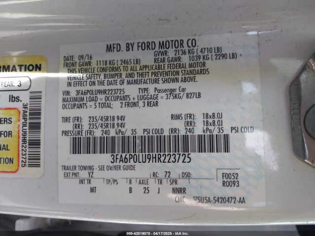 3FA6P0LU9HR223725 Ford Fusion Hybrid Se