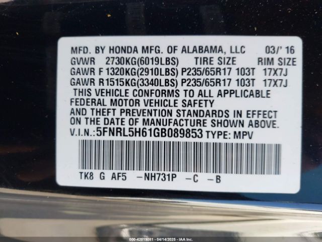 5FNRL5H61GB089853 Honda Odyssey Ex-l