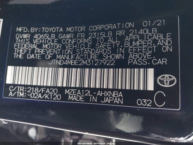 2021 TOYOTA COROLLA JTND4MBE2M3127922 Photo 8