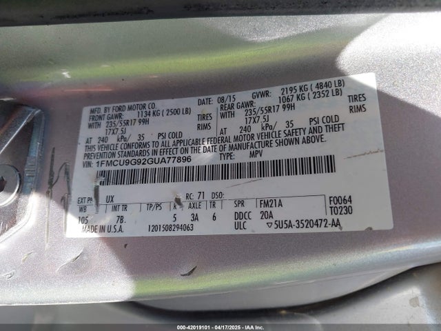 Ford ESCAPE SE 2016 1FMCU9G92GUA77896 Image 9
