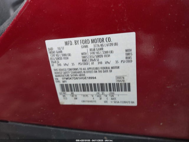 1FM5K7D81HGE18994 Ford 3.5l ti-vct