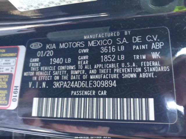 3KPA24AD6LE309894 KIA RIO LX