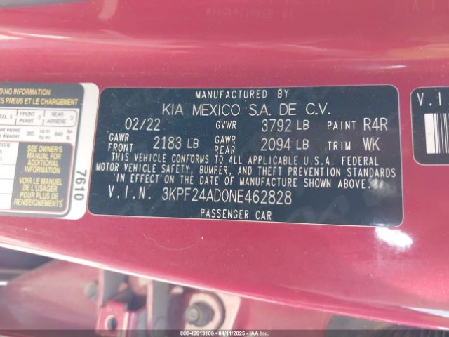 3KPF24AD0NE462828 KIA Forte Lxs