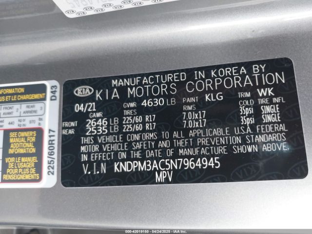 KNDPM3AC5N7964945 KIA Sportage Lx