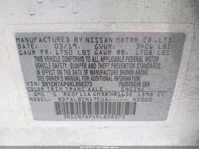 3N1CN7AP4KL858373 Nissan Versa 1.6 Sv