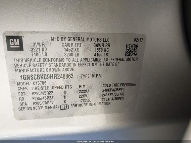 1GNSCBKC9HR248863 Chevrolet Tahoe Lt