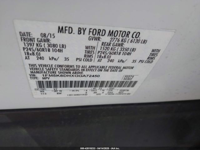 1FM5K8DHXGGA72450 Ford EXPLORER XLT