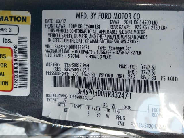 Ford FUSION SE 2017 3FA6P0HD0HR332471 Image 9