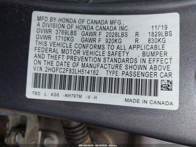 2020 Honda Civic Sport მანქანა იყიდება აუქციონზე, vin: 2HGFC2F83LH514162, აუქციონის ნომერი: 42019245