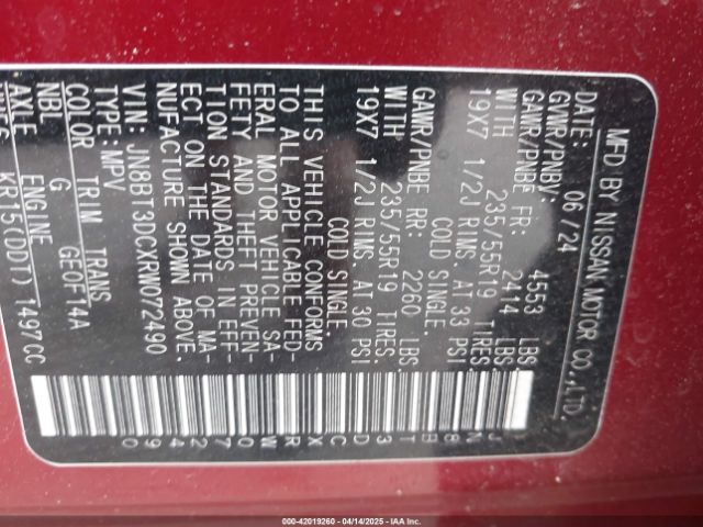 JN8BT3DCXRW072490 Nissan Rogue Platinum Fwd