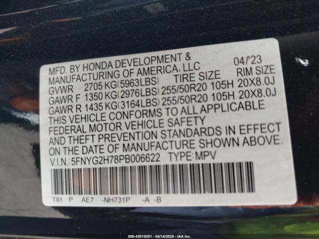 5FNYG2H78PB006622 Honda j35y8