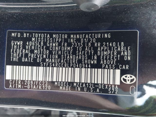 5YFS4RCE8LP040944 Toyota COROLLA SE
