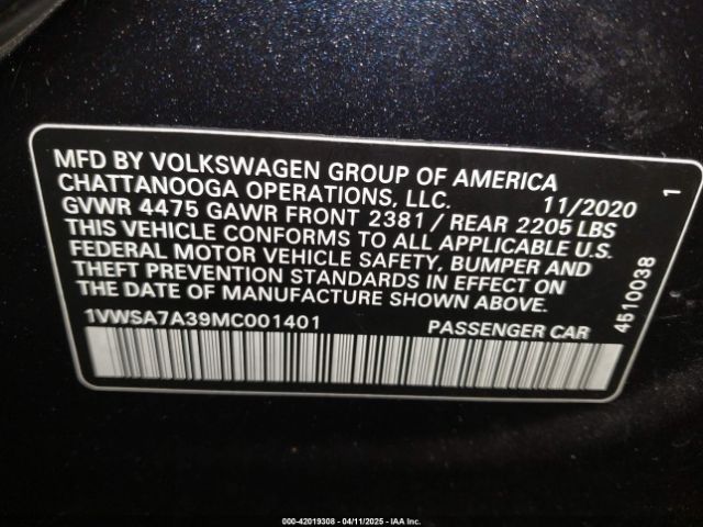 1VWSA7A39MC001401 Volkswagen Passat 2.0t Se