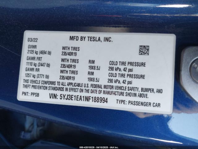 5YJ3E1EA1NF188994 Tesla Model 3 Rear-wheel Drive