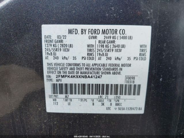 2022 FORD EDGE 2FMPK4K9XNBA41247 Photo 8