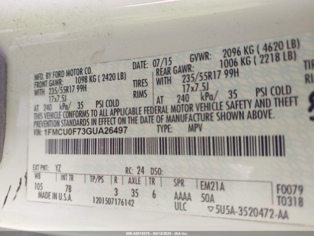 1FMCU0F73GUA26497 Ford ESCAPE S