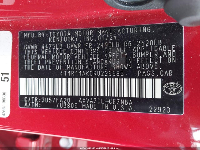 4T1R11AK0RU226695 Toyota CAMRY LE