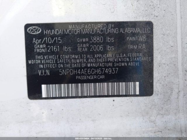5NPDH4AE6GH674937 Hyundai ELANTRA SE