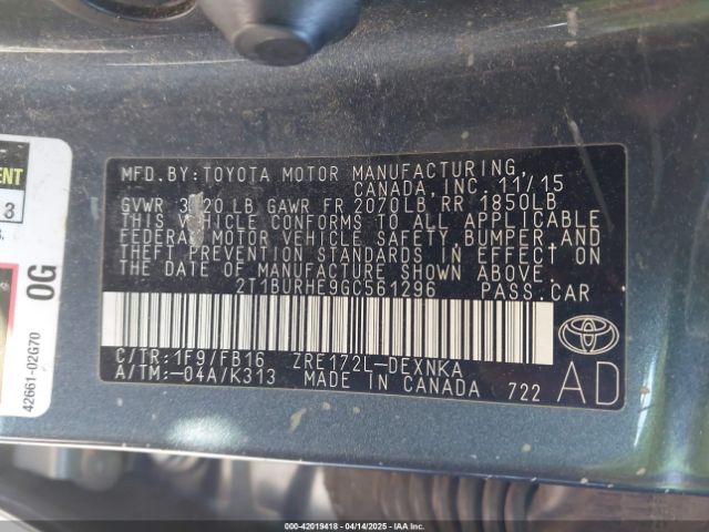 2T1BURHE9GC561296 Toyota COROLLA LE