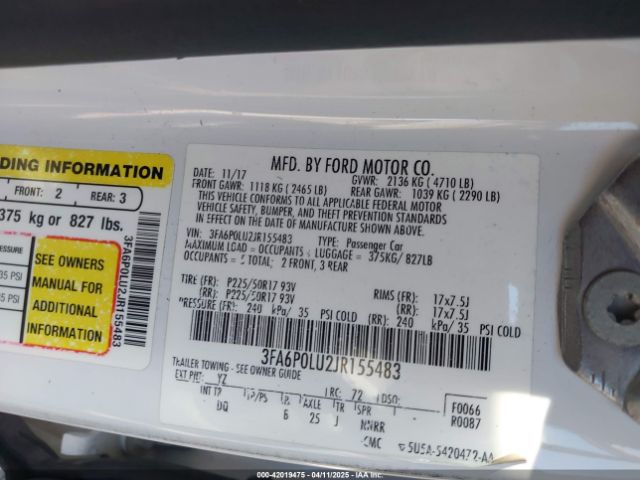 3FA6P0LU2JR155483 Ford Fusion Hybrid Se