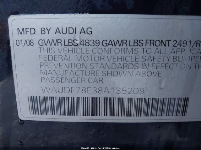 2008 AUDI A4 WAUDF78E38A135209 Photo 8