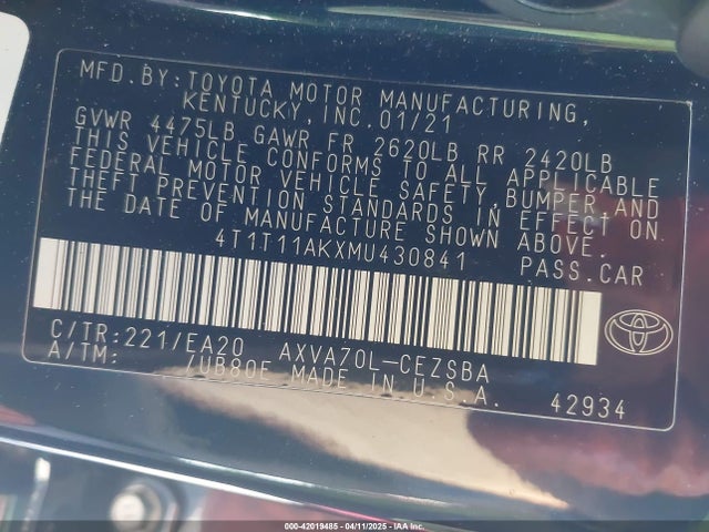 4T1T11AKXMU430841 Toyota CAMRY SE