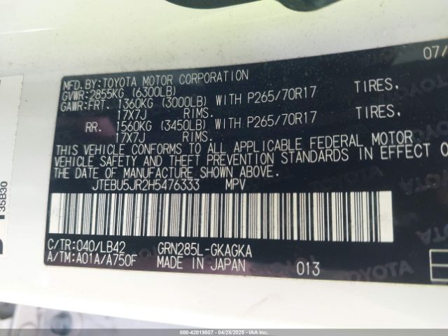 JTEBU5JR2H5476333 Toyota 4runner Sr5 Premium