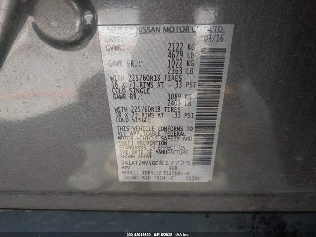 5N1AT2MV5GC817725 Nissan Rogue S/sl/sv